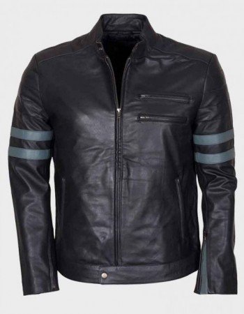Mens Blue Stripe Black Cafe Racer Jacket