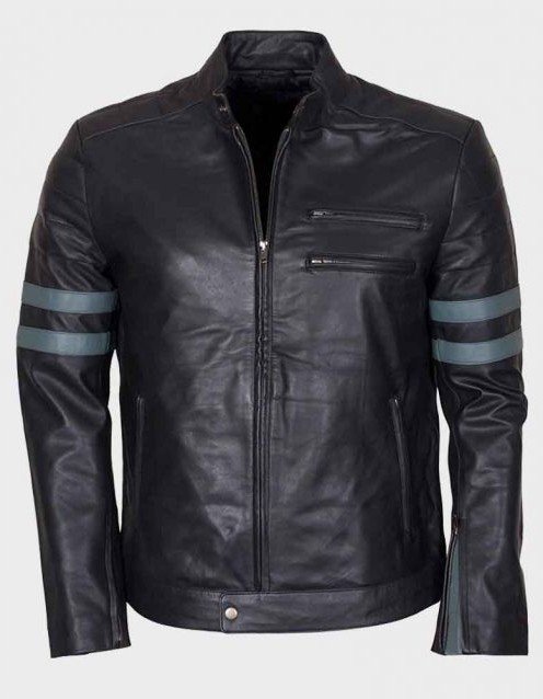 Mens Blue Stripe Black Cafe Racer Jacket Mens Blue Stripe Black Cafe Racer Jacket