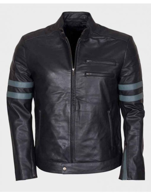 Mens Blue Stripe Black Cafe Racer Jacket