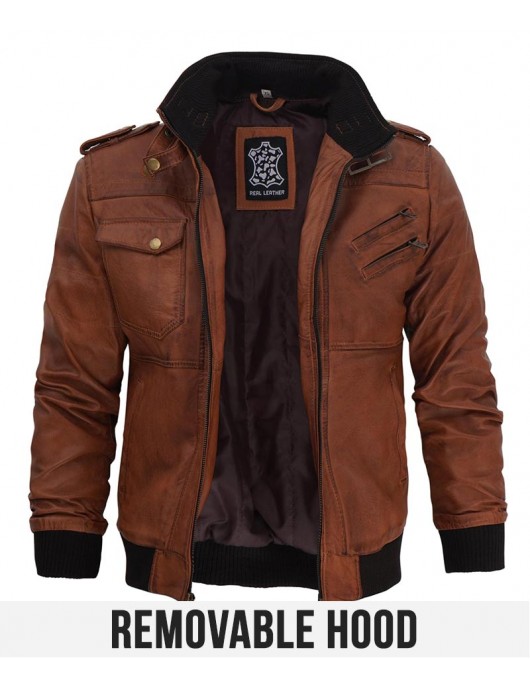Mens Brown Bomber Leather Jacket With Removable Hood