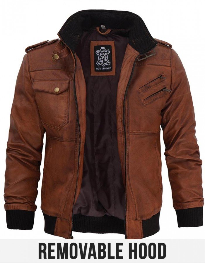 Mens Brown Bomber Leather Jacket With Removable Hood Mens Brown Bomber Leather Jacket With Removable Hood