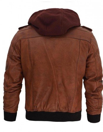 Mens Brown Bomber Leather Jacket With Removable Hood Mens Brown Bomber Leather Jacket With Removable Hood