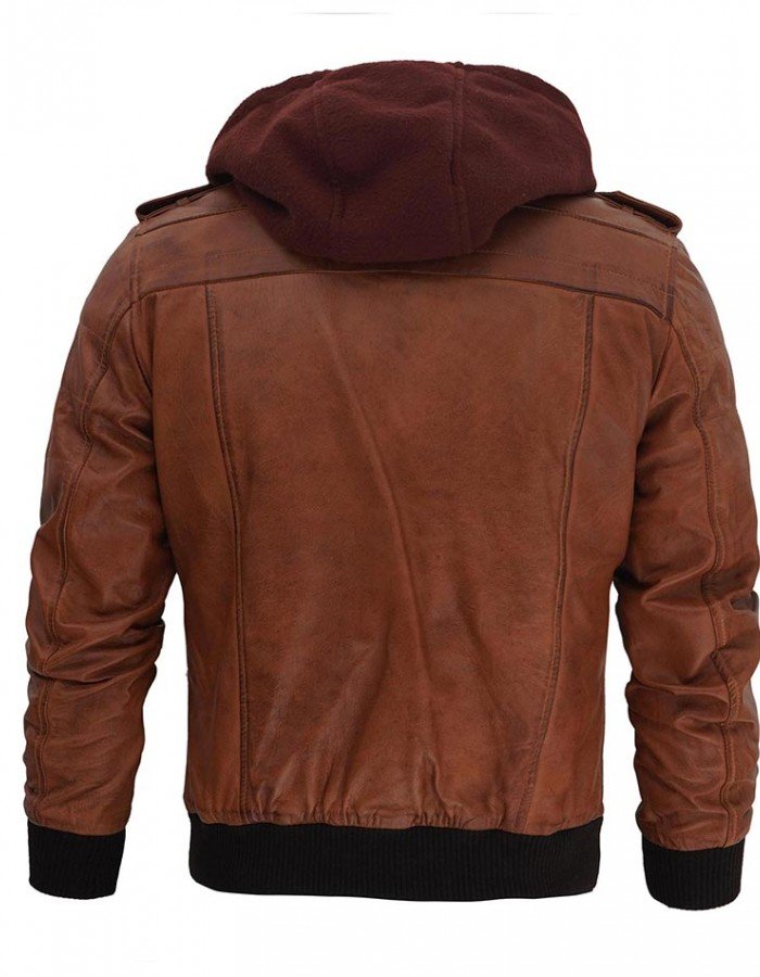 Mens Brown Bomber Leather Jacket With Removable Hood Mens Brown Bomber Leather Jacket With Removable Hood
