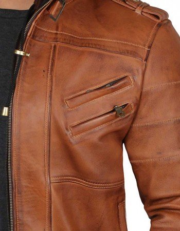 Mens Brown Leather Bomber Jacket - Removable Hood Mens Brown Leather Bomber Jacket - Removable Hood