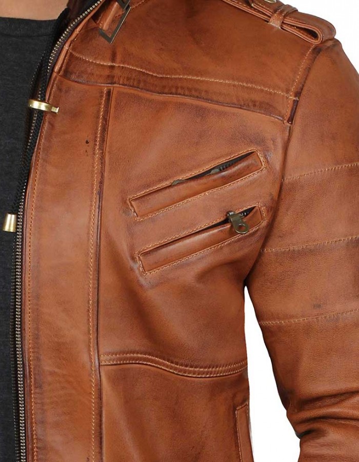 Mens Brown Leather Bomber Jacket - Removable Hood Mens Brown Leather Bomber Jacket - Removable Hood