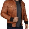 Mens Brown Leather Bomber Jacket - Removable Hood Mens Brown Leather Bomber Jacket - Removable Hood
