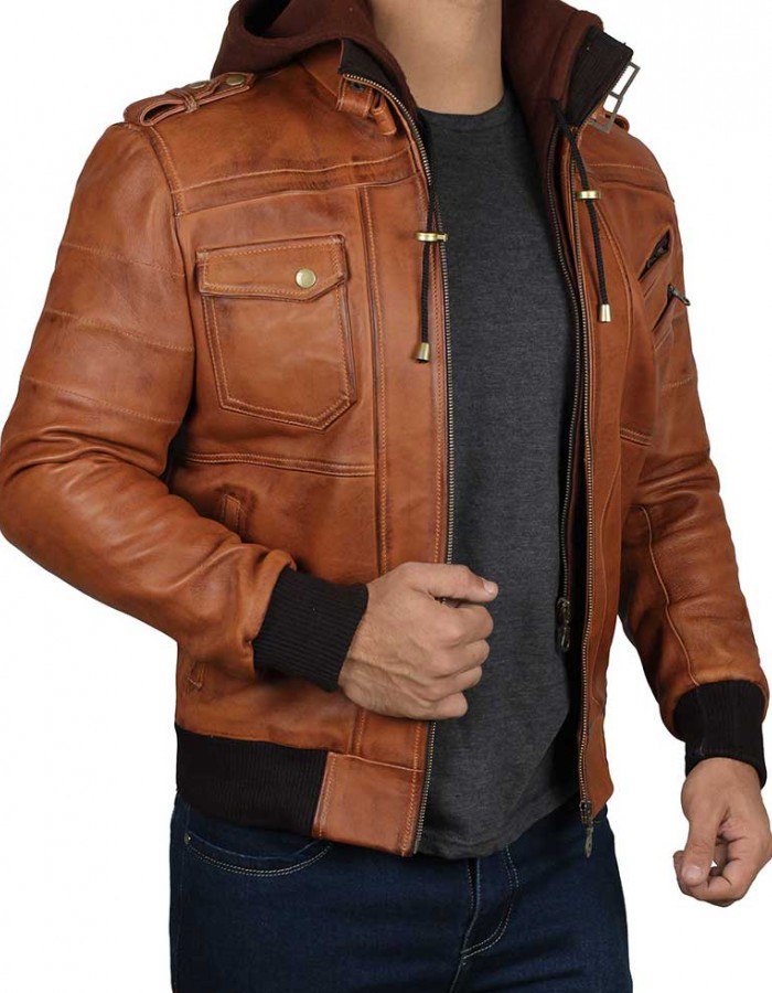 Mens Brown Leather Bomber Jacket - Removable Hood Mens Brown Leather Bomber Jacket - Removable Hood