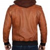 Mens Brown Leather Bomber Jacket - Removable Hood Mens Brown Leather Bomber Jacket - Removable Hood