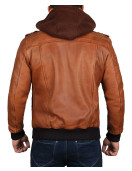 Mens Brown Leather Bomber Jacket - Removable Hood