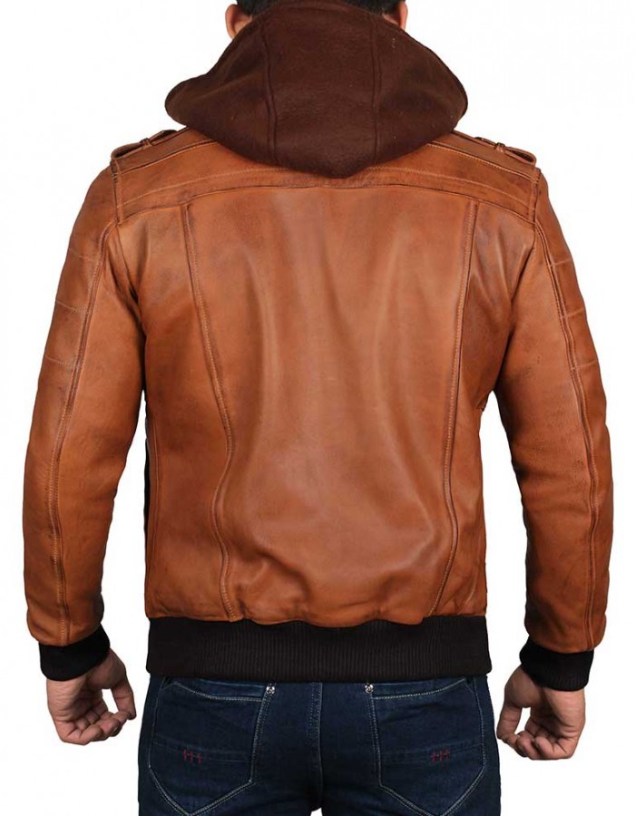 Mens Brown Leather Bomber Jacket - Removable Hood Mens Brown Leather Bomber Jacket - Removable Hood