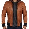 Mens Brown Leather Bomber Jacket - Removable Hood Mens Brown Leather Bomber Jacket - Removable Hood