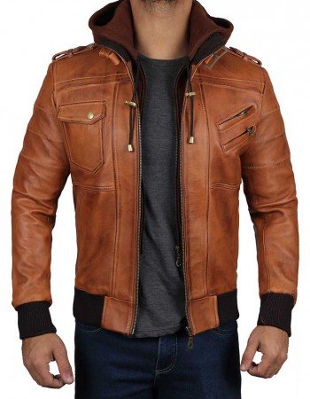 Mens Brown Leather Bomber Jacket - Removable Hood