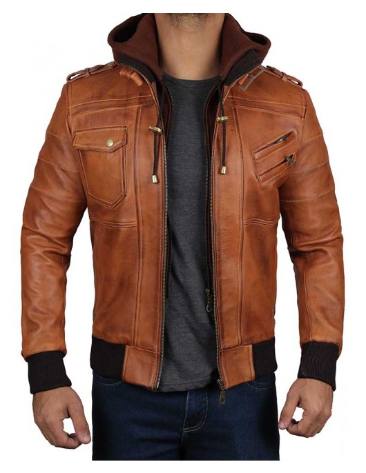 Mens Brown Leather Bomber Jacket - Removable Hood