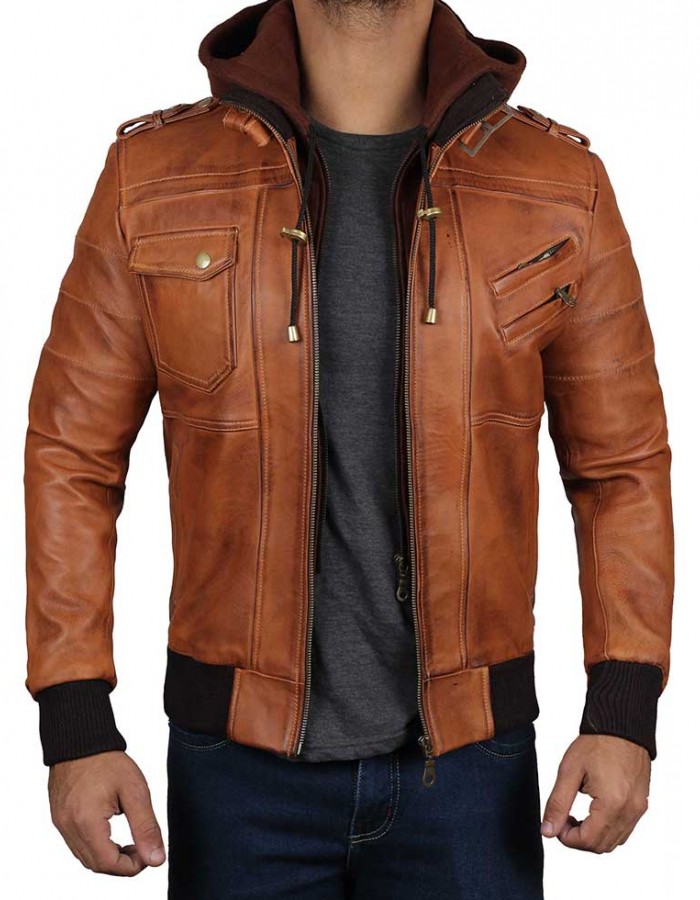Mens Brown Leather Bomber Jacket - Removable Hood Mens Brown Leather Bomber Jacket - Removable Hood