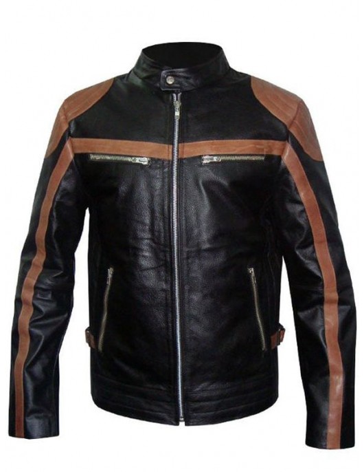 Mens Brown Strips Motorbike Leather Jacket