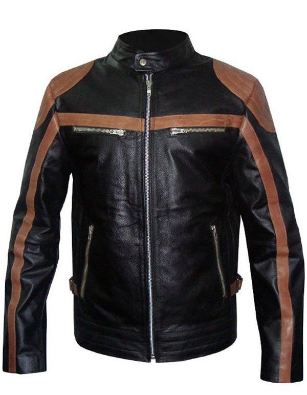 Mens Brown Strips Motorbike Leather Jacket Mens Brown Strips Motorbike Leather Jacket