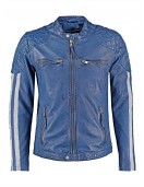 Mens Cafe Racer Leather Biker Jacket Blue with White Stripes