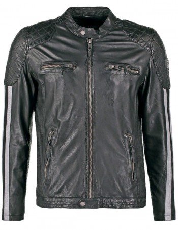 Mens Cafe Racer Motorcycle Leather Jacket Black with White Stripes