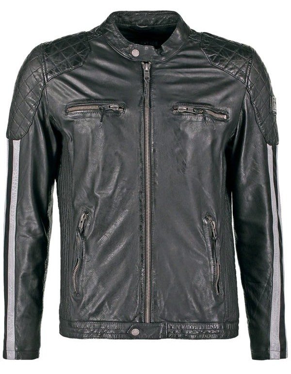 Mens Cafe Racer Motorcycle Leather Jacket Black with White Stripes Mens Cafe Racer Motorcycle Leather Jacket Black with White Stripes
