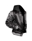 Mens Casual Black Bomber Satin Hooded Varsity Jacket