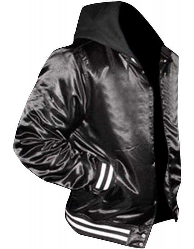 Mens Casual Black Bomber Satin Hooded Varsity Jacket