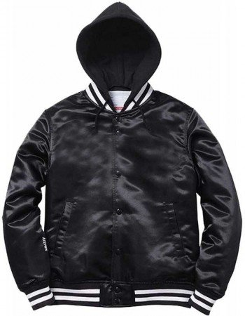 Mens Casual Black Bomber Satin Hooded Varsity Jacket
