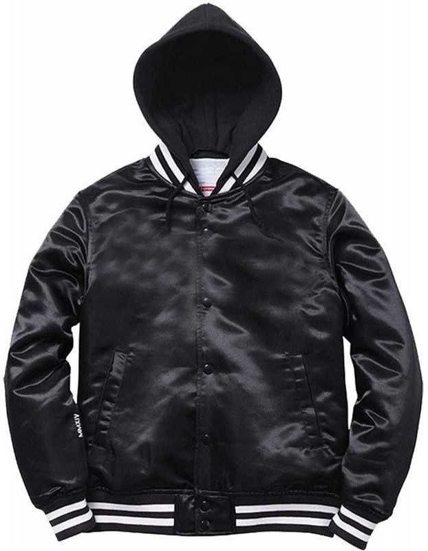 Mens Casual Black Bomber Satin Hooded Varsity Jacket