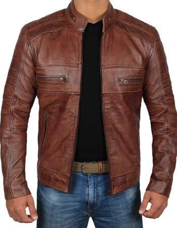 Mens Cognac Brown Motorcycle Distressed Leather Jacket