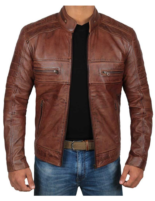 Mens Cognac Brown Motorcycle Distressed Leather Jacket