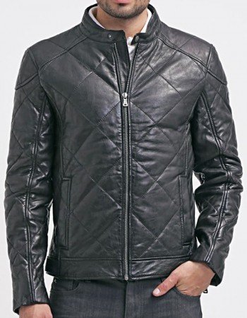 Mens Diamond Quilted Real Leather Jacket Black