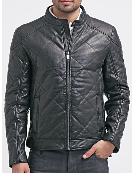 Mens Diamond Quilted Real Leather Jacket Black