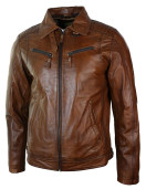 Mens Distressed Leather Biker Jacket Belted Brown Fur Collar