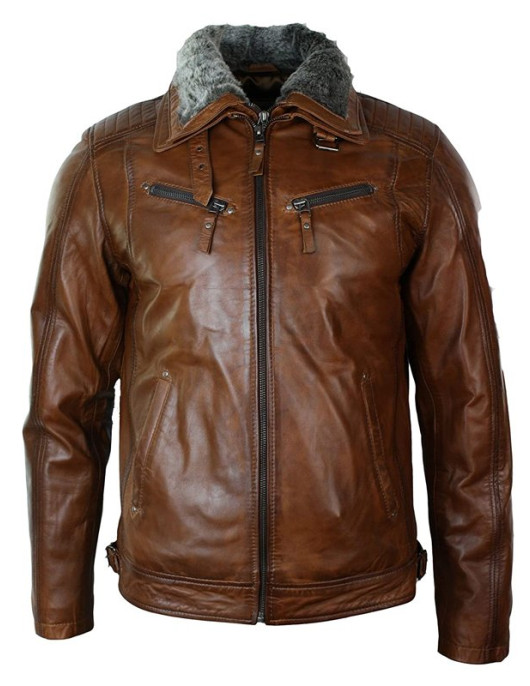 Mens Distressed Leather Biker Jacket Belted Brown Fur Collar