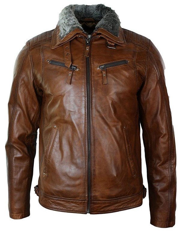 Mens Distressed Leather Biker Jacket Belted Brown Fur Collar Mens Distressed Leather Biker Jacket Belted Brown Fur Collar