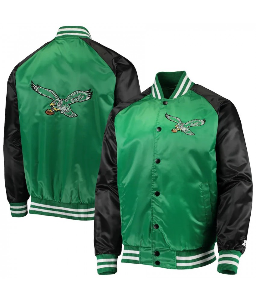 Men's Starter Green/Black Philadelphia Eagles Lead Off Satin Varsity Jacket