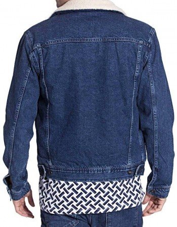 Mens Faux Shearling Fur Denim Jacket Blue