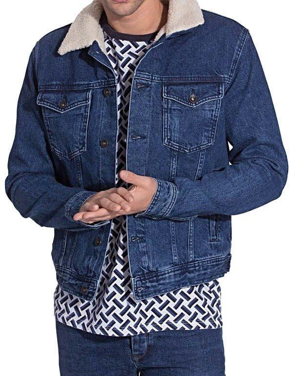 Mens Faux Shearling Fur Denim Jacket Blue Mens Faux Shearling Fur Denim Jacket Blue
