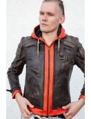Mens Goku Orange Hood Brown Leather Jacket