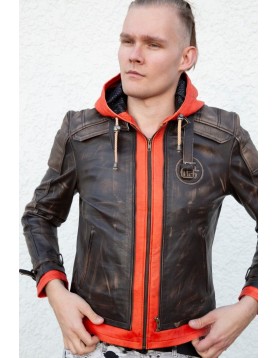 Mens Goku Orange Hood Brown Leather Jacket