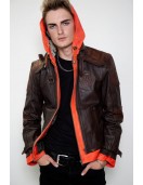 Mens Goku Orange Hood Brown Leather Jacket