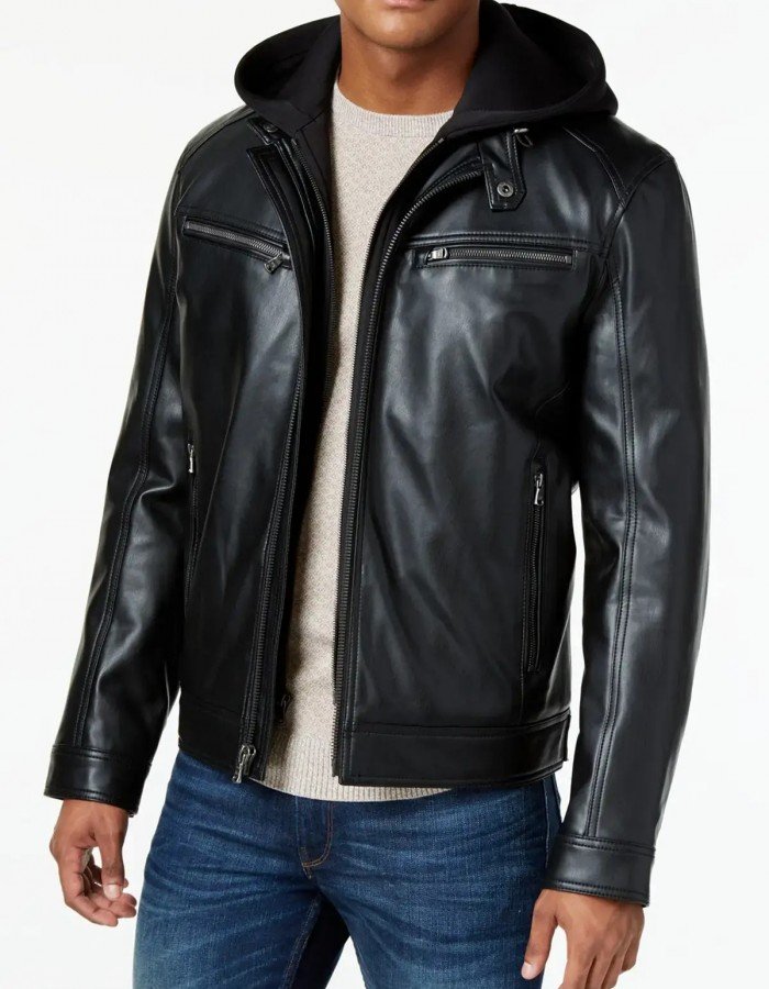 Mens Hooded Black Leather Jacket Mens Hooded Black Leather Jacket