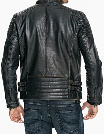 Mens Quilted Rub Off Leather Jacket Distressed Black
