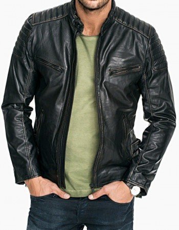 Mens Quilted Rub Off Leather Jacket Distressed Black