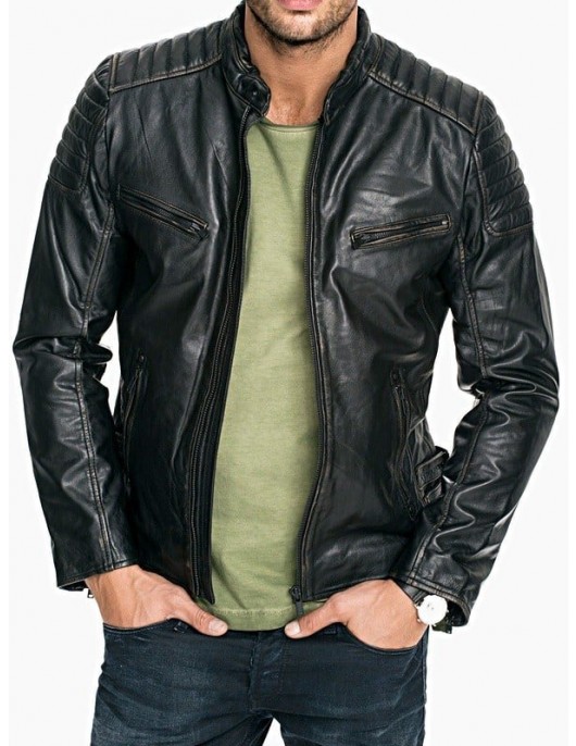Mens Quilted Rub Off Leather Jacket Distressed Black