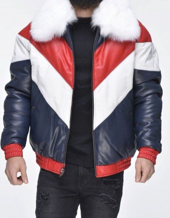 Mens V-Bomber Leather Jacket