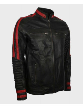 Mens Cafe Racer Red &amp; Black Leather Jacket