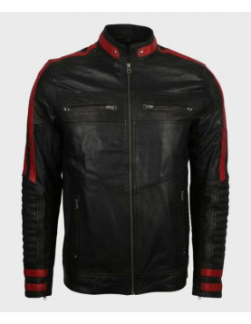Mens Cafe Racer Red &amp; Black Leather Jacket
