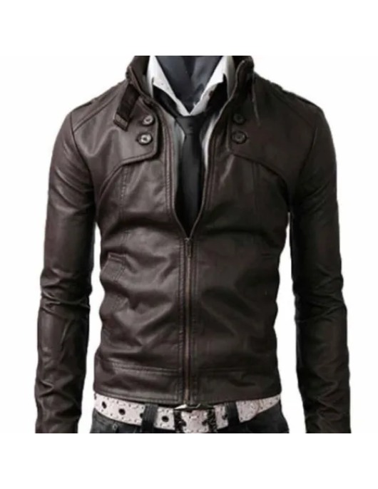 Men’s Belted Buckle Collar Slim Fit Dark Brown Jacket