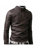 Men’s Belted Buckle Collar Slim Fit Dark Brown Jacket