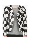 Men’s Biker Asymmetrical Zipper Checkerboard Leather Jacket